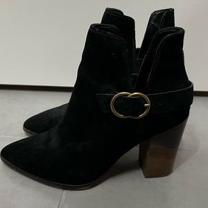 Black suede booties with brown heel